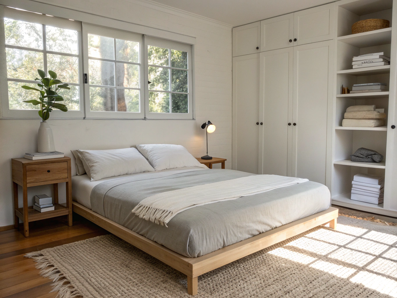 Quiet minimal bedroom interior bathed in soft morning light showcasing linseed oiled timber and natural linen