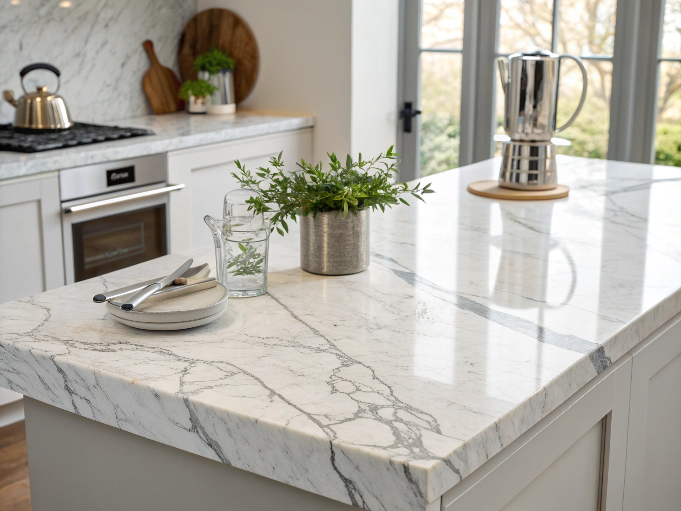 Close-up of tactile honed limestone kitchen counter with ergonomic timber implements and warm daylight