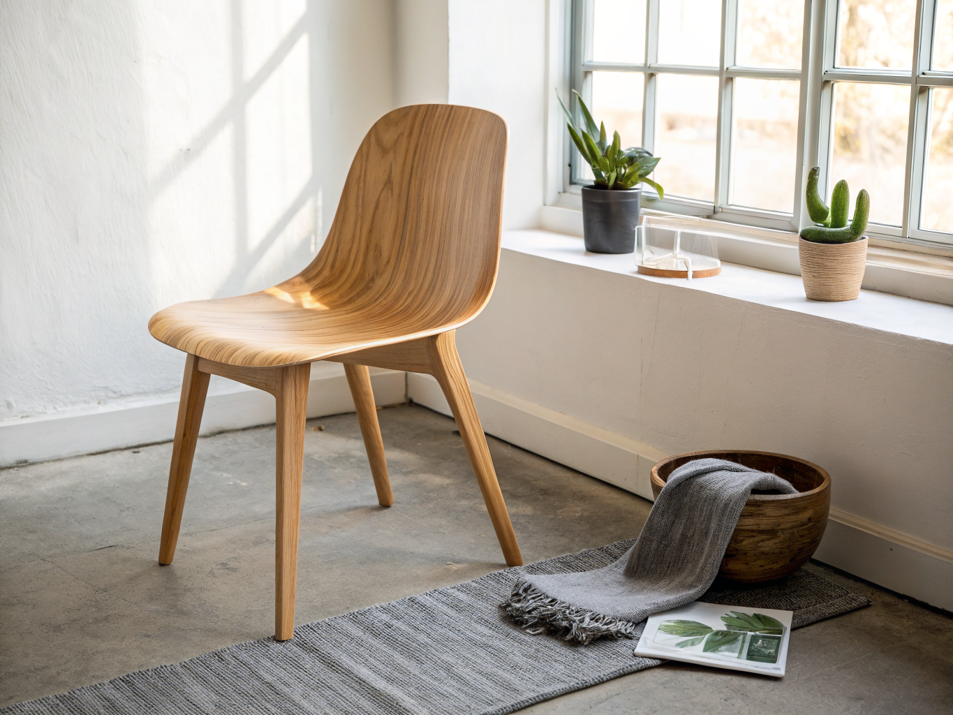 Sculpted ergonomic oak armchair positioned gracefully near an expansive natural window alcove