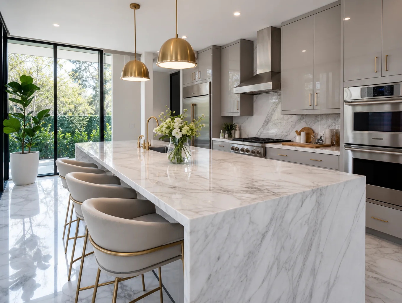 Interior space optimized for ergonomic and sensory living - culinary domain with honed limestone surfaces