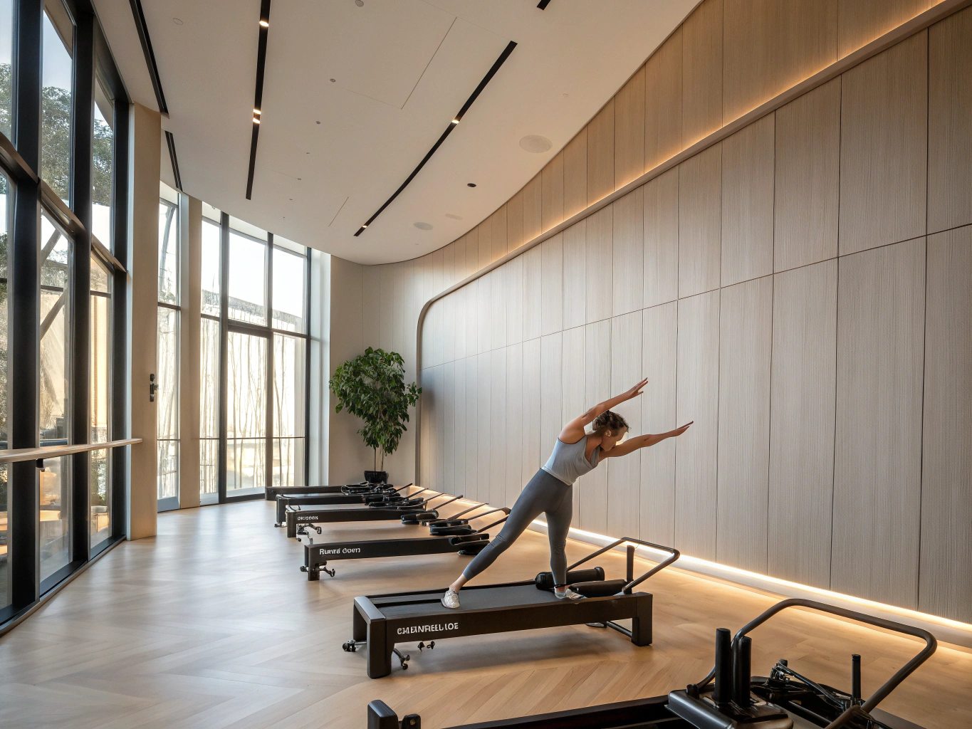 Interior space optimized for ergonomic and sensory living - studio with continuous architectural balance anchors