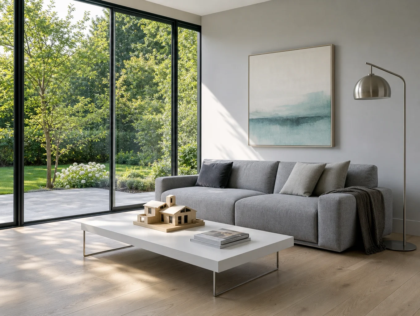 Zero-threshold indoor-outdoor living room with natural stone and cedar woodwork.