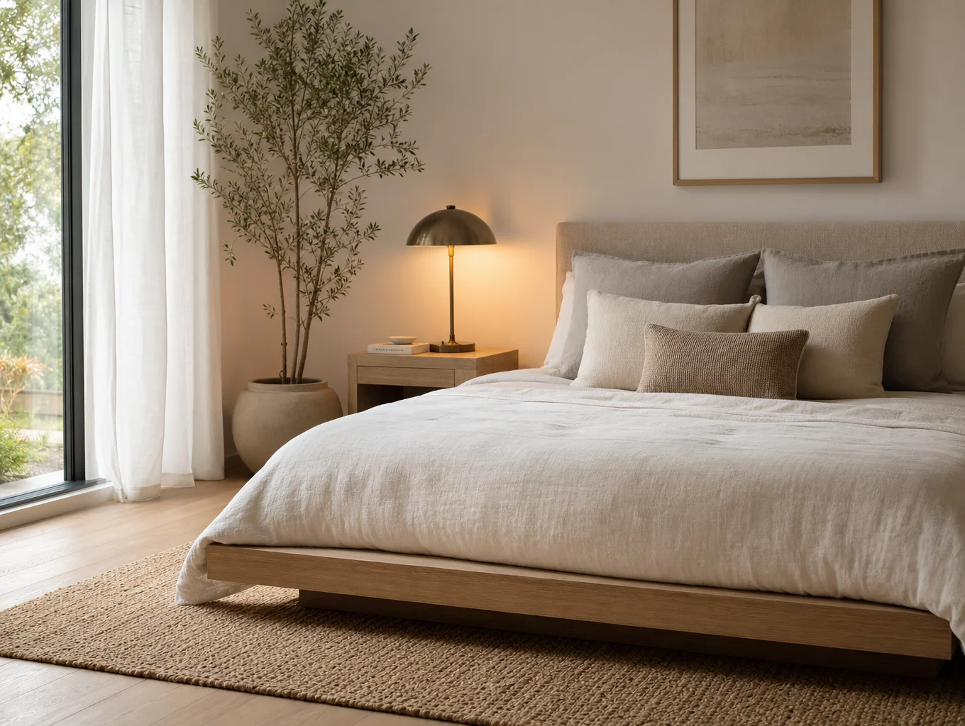 Interior space optimized for ergonomic and sensory living - calm bedroom with organic linen and diffused daylight