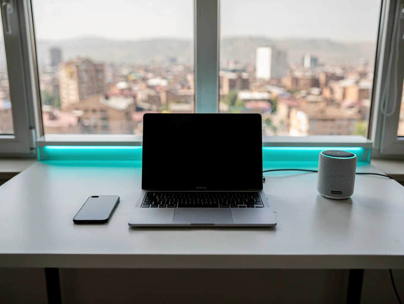 Sleek home communication hub and smart video calling hardware on a desk.