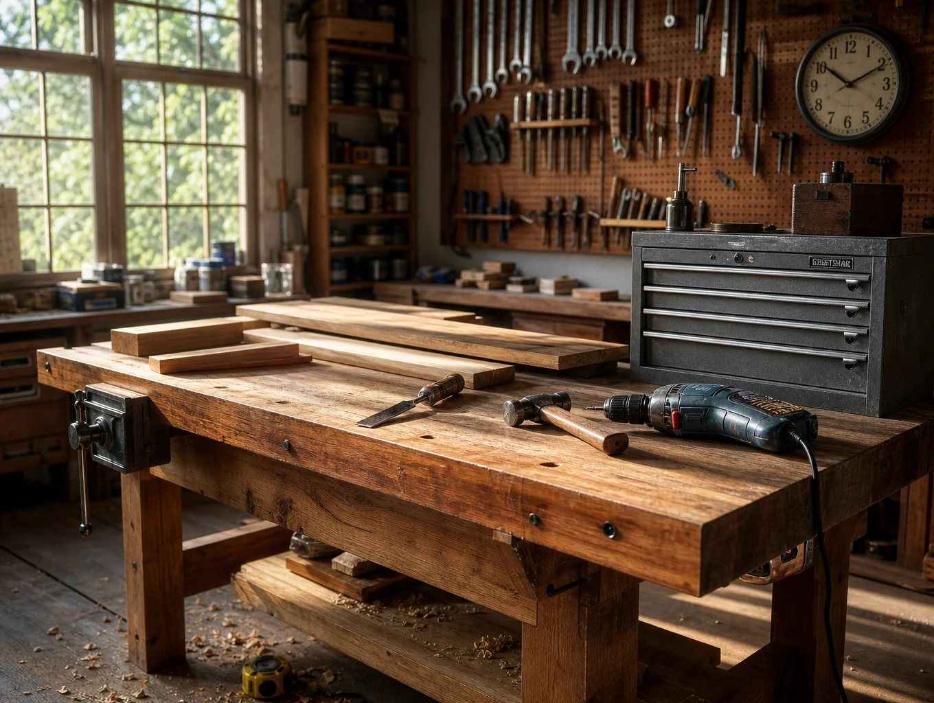 Artisanal workshop bench arranged with precision hand tools and raw materials.