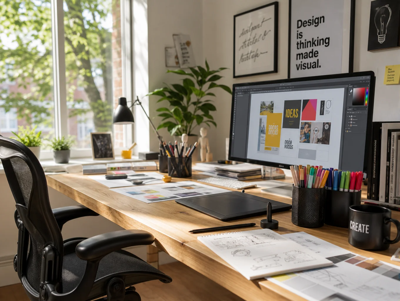 Inspiring creative studio space with camera equipment, sketchbooks, and design instruments.