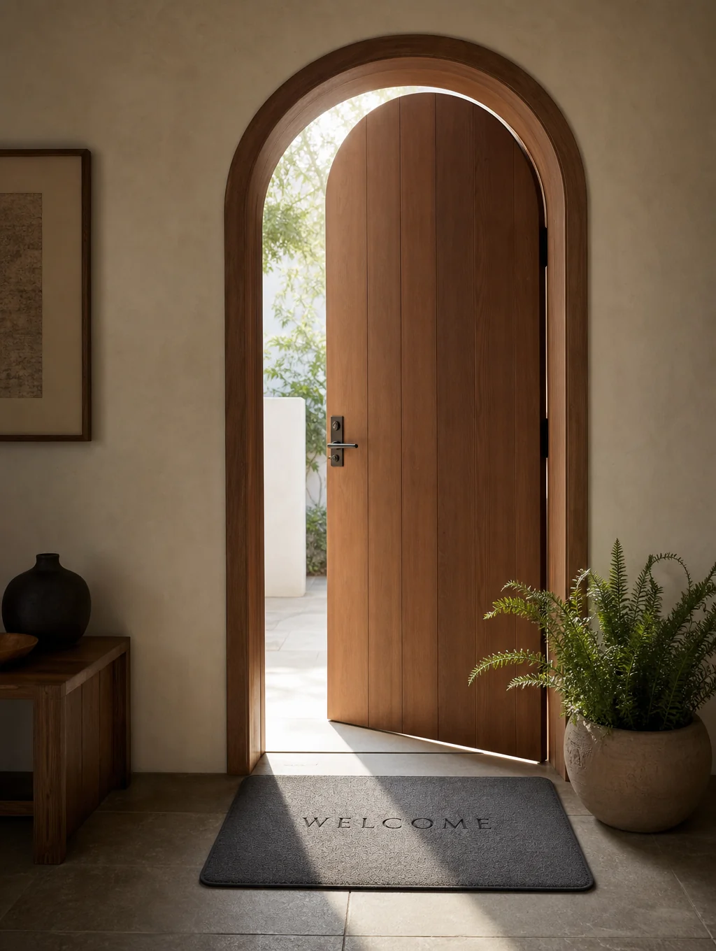 Quiet threshold between indoor and outdoor space at dusk with soft fading light