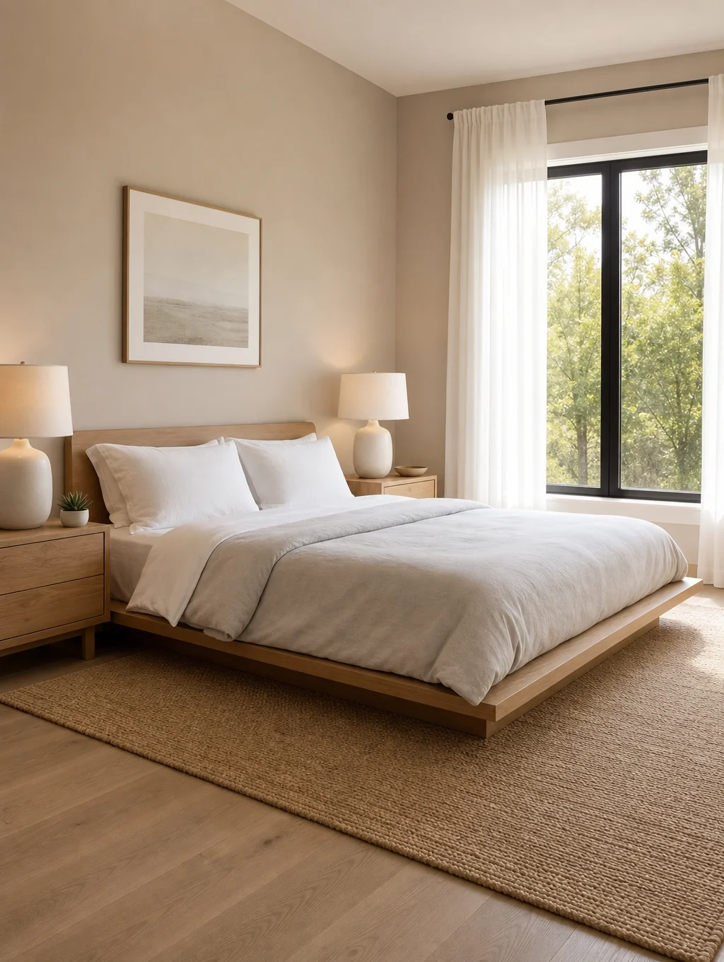 Tranquil unoccupied editorial bedroom interior with warm ambient light and peaceful architectural detailing