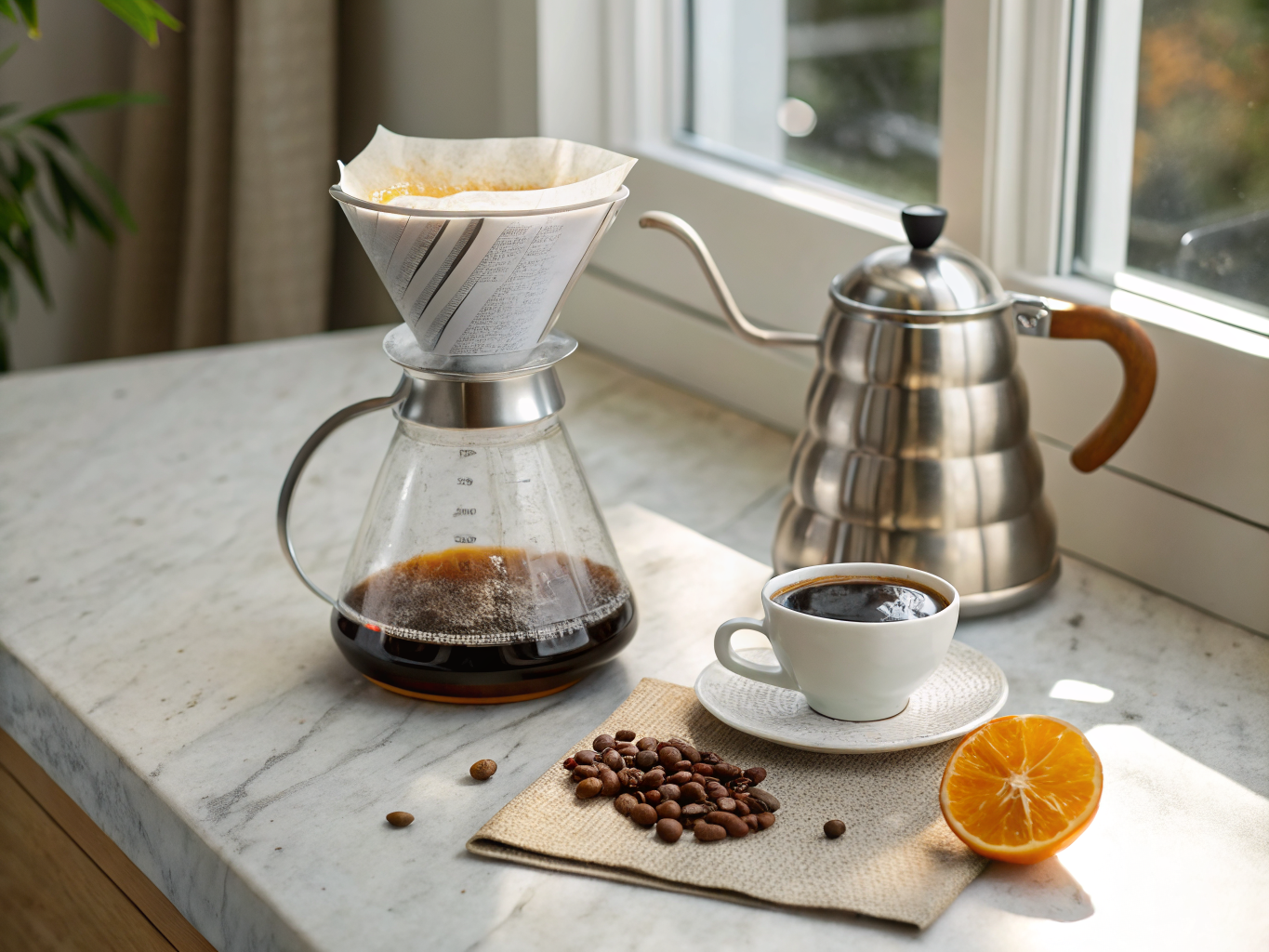 Craft coffee pour-over setup and ceramic tableware on a dining table.