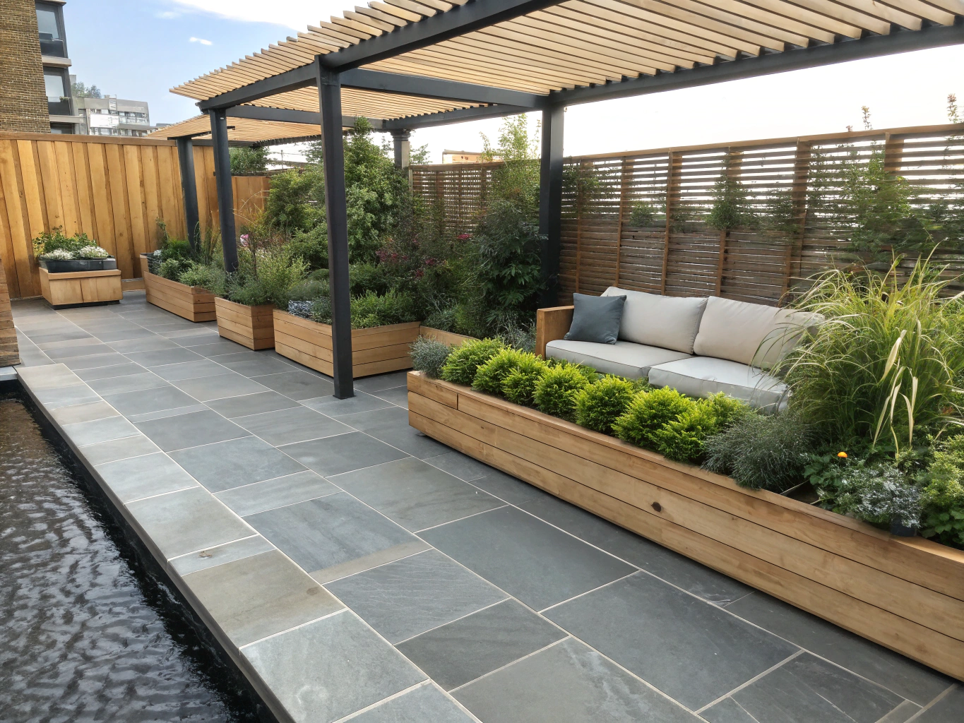 Lush terrace garden equipped with comfortable outdoor seating and planters.