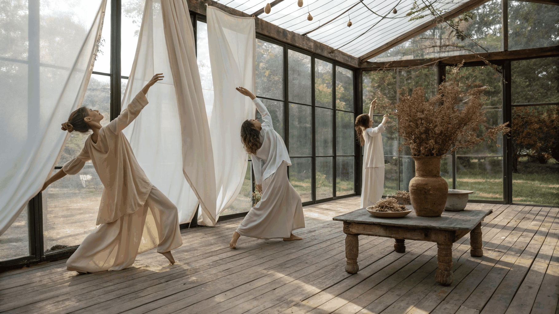Architectural residence designed around human comfort conditions — sunlit morning pavilion with limestone flooring and movement space.