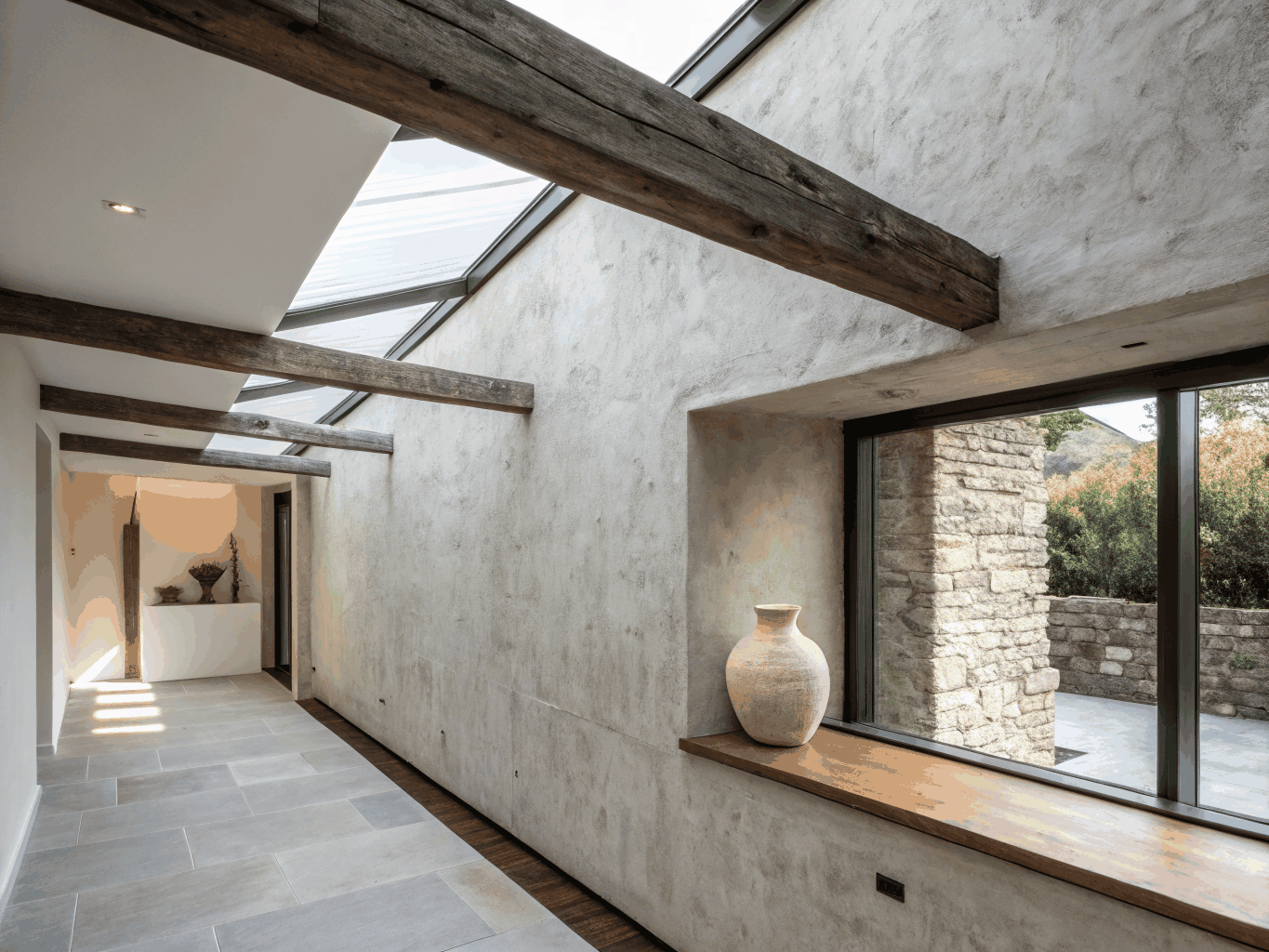 Honed natural materials and warm ambient lighting in an architectural domestic space