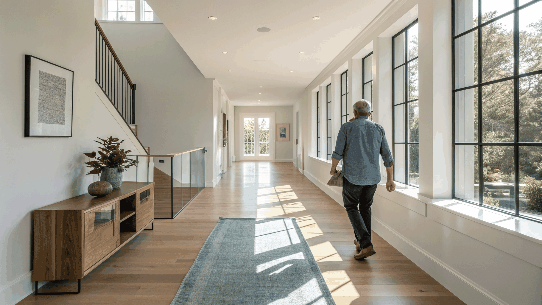 Architectural residence designed around human comfort conditions — level threshold living corridor with oiled timber detailing.