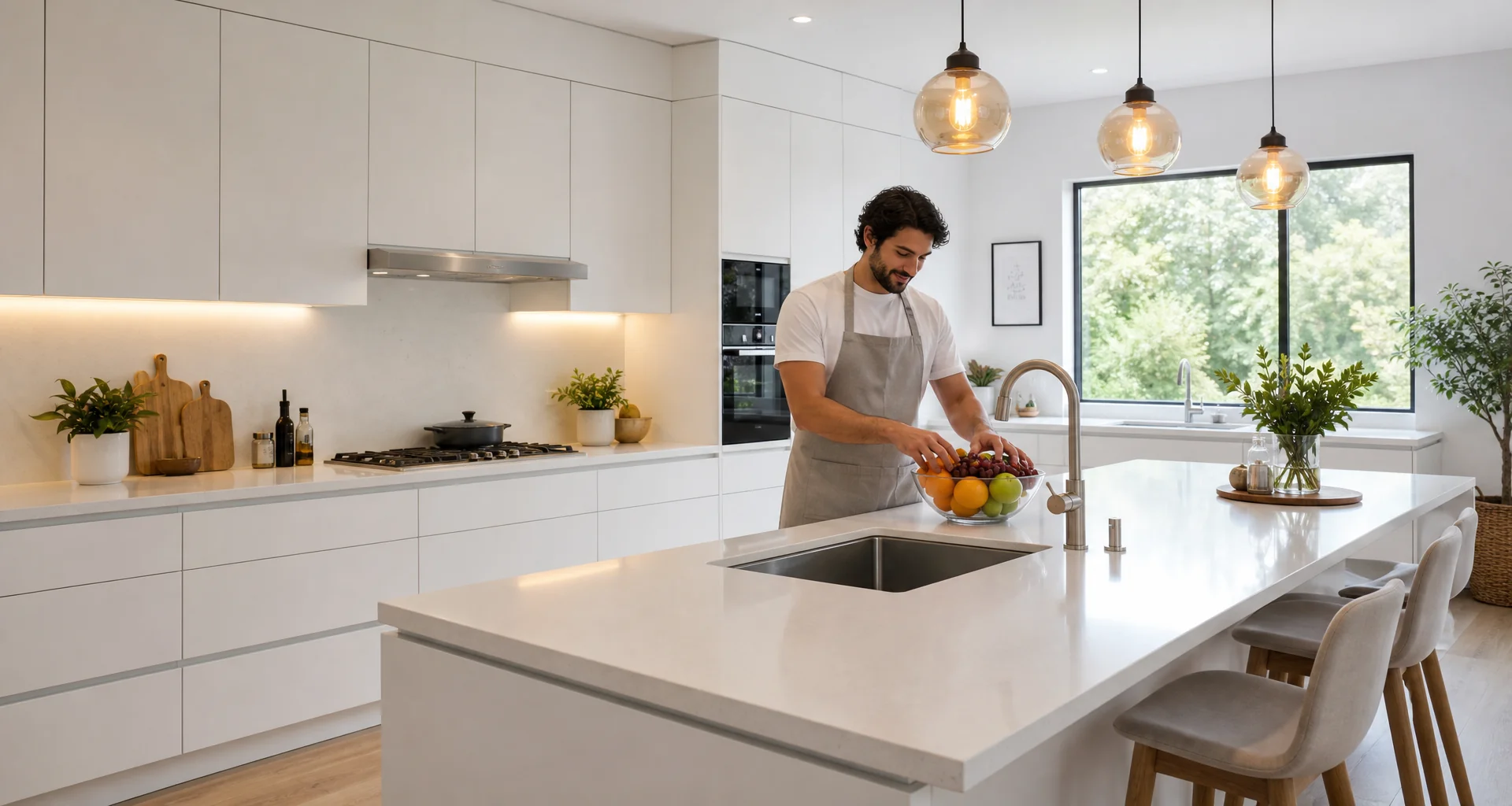 Architectural residence designed around human comfort conditions — tailored ergonomic kitchen counter with honed stone and concealed storage.