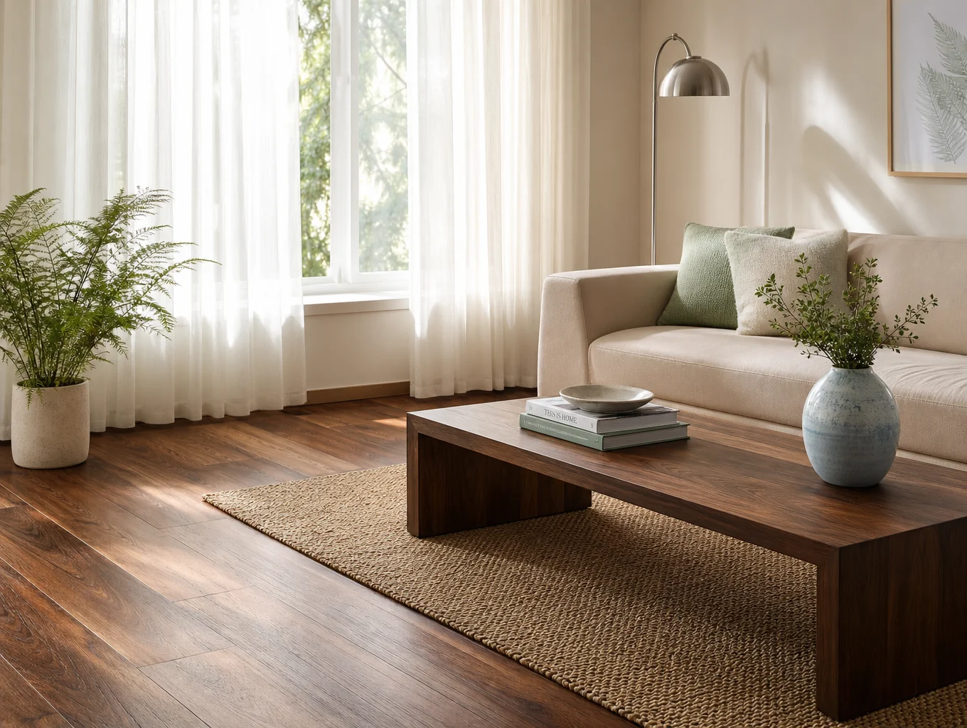 Warm ambient architectural lighting illuminating natural timber and stone surfaces.
