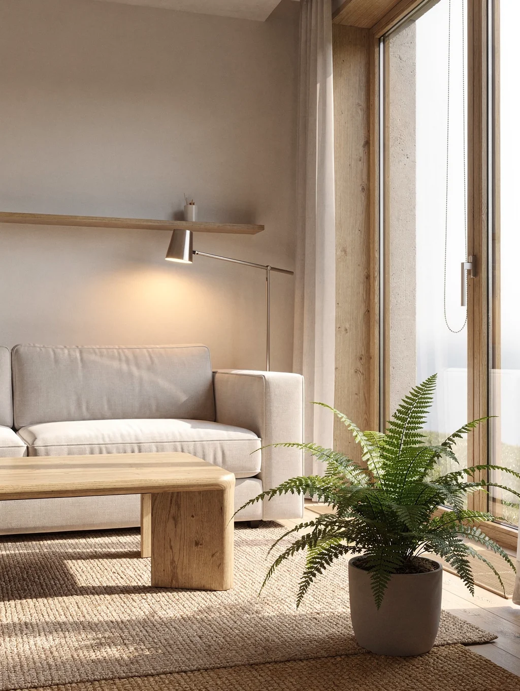 Warm settled evening interior with soft amber lamps and uncluttered wooden surfaces
