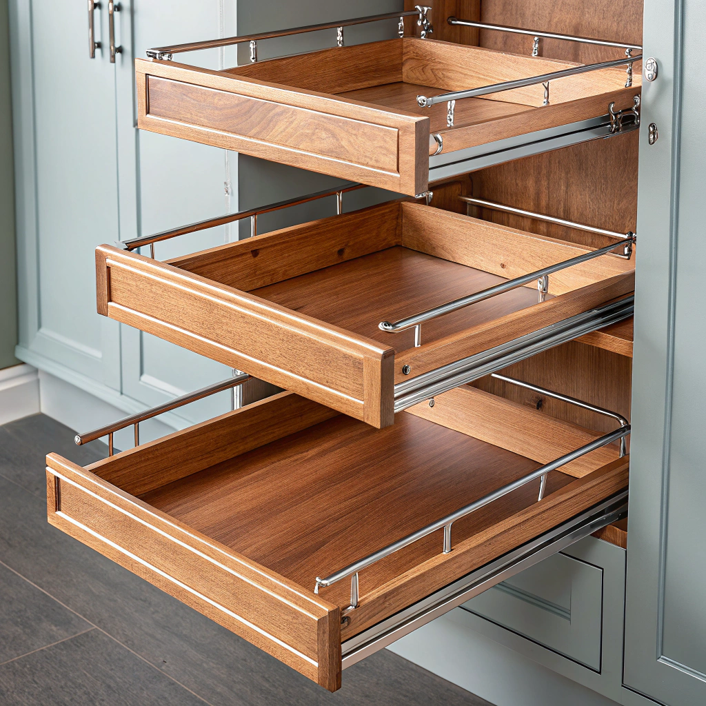 Architectural room detail illustrating motorized pantry pull-down shelving