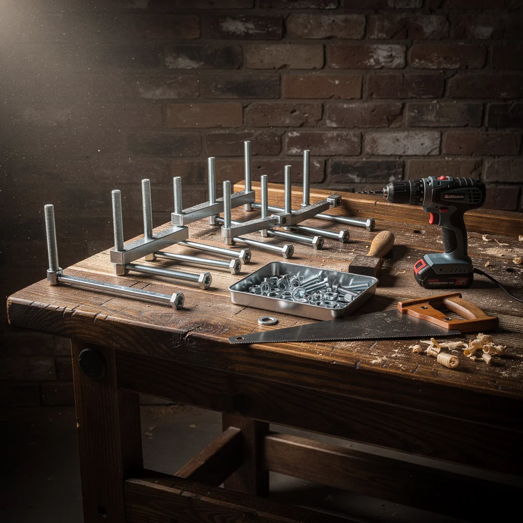 Architectural room detail illustrating specialized timber workbench