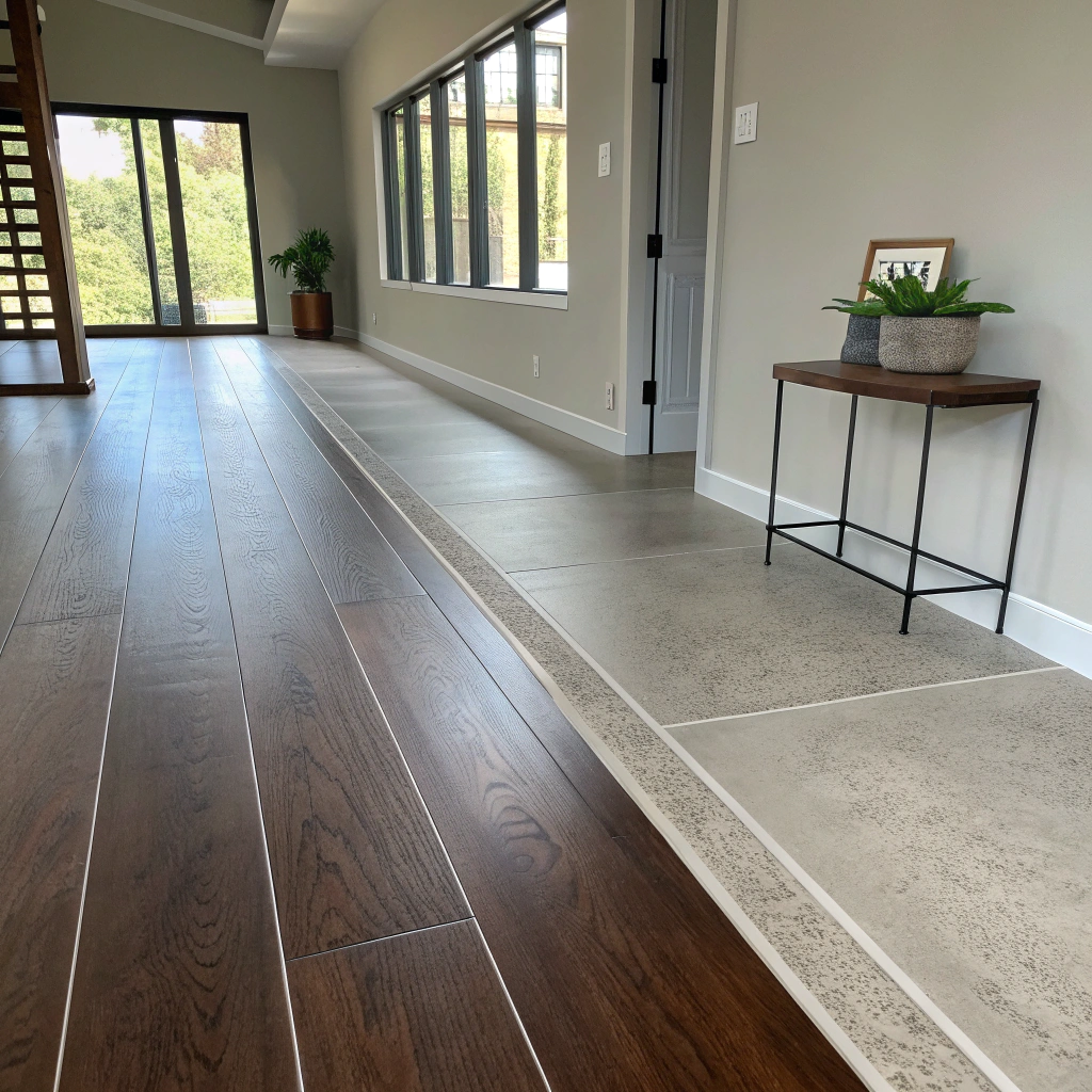 Architectural room detail illustrating zero-threshold timber floor transition