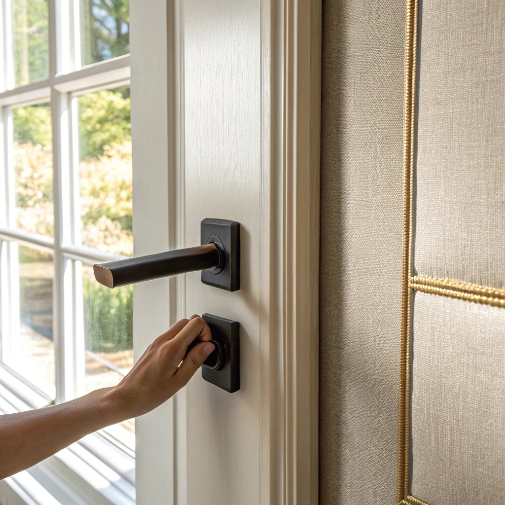 Architectural room detail illustrating ergonomic tactile door latches