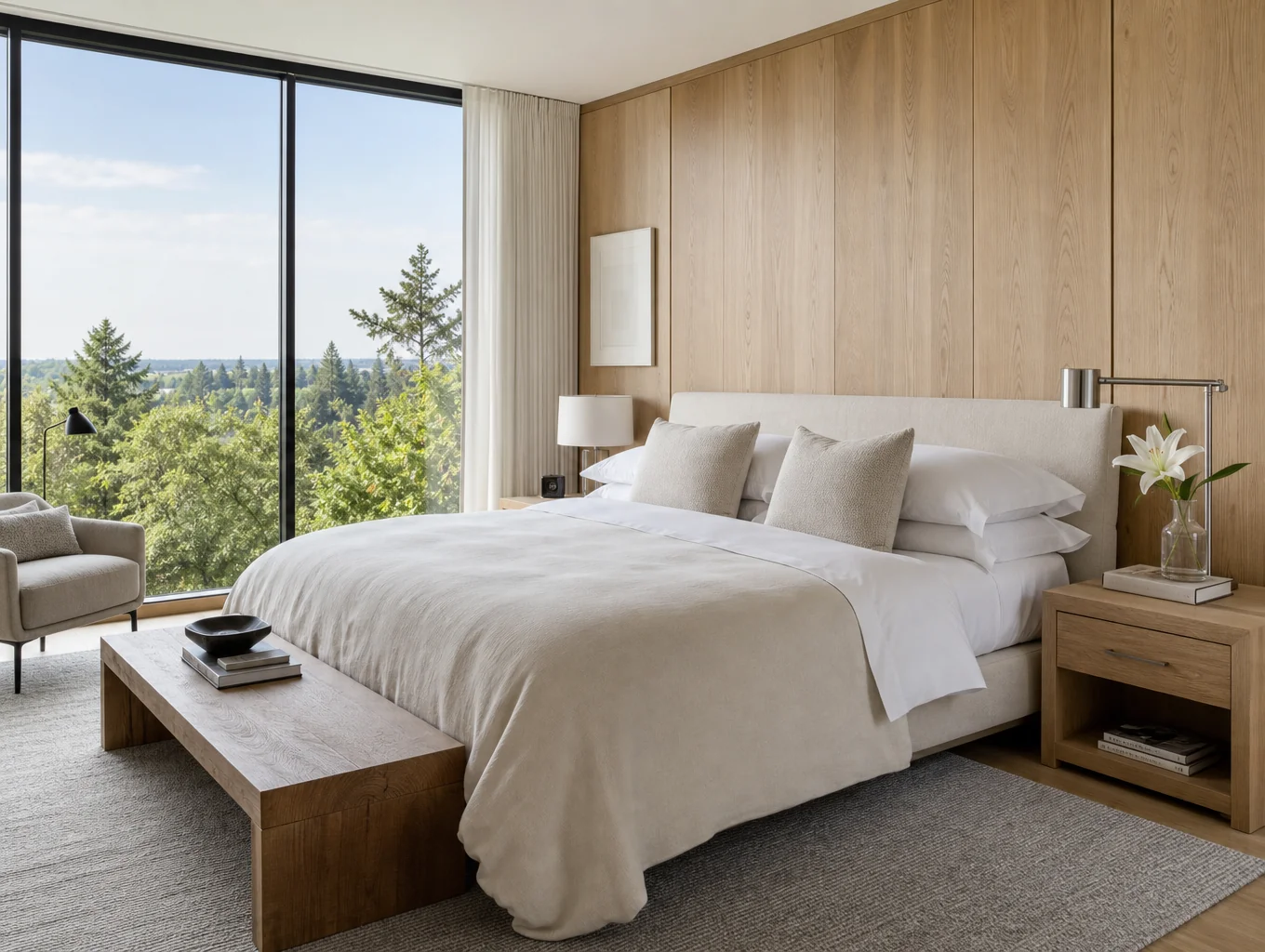 Sophisticated residential bedroom bathed in soft natural morning daylight with refined tactile linen bedding and warm neutral tones.