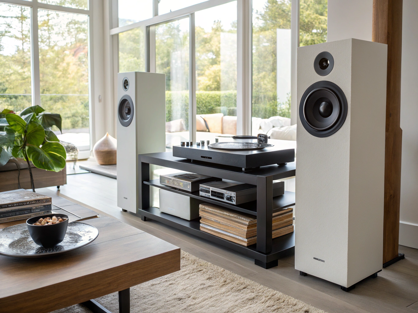 Minimalist acoustic living environment featuring integrated high-fidelity sound gear.