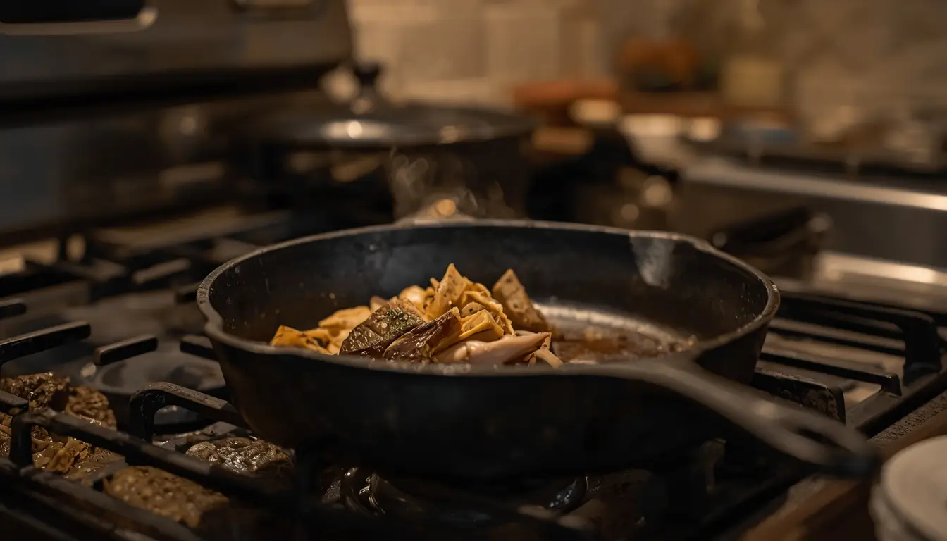 Used cast metal pan on rustic stovetop