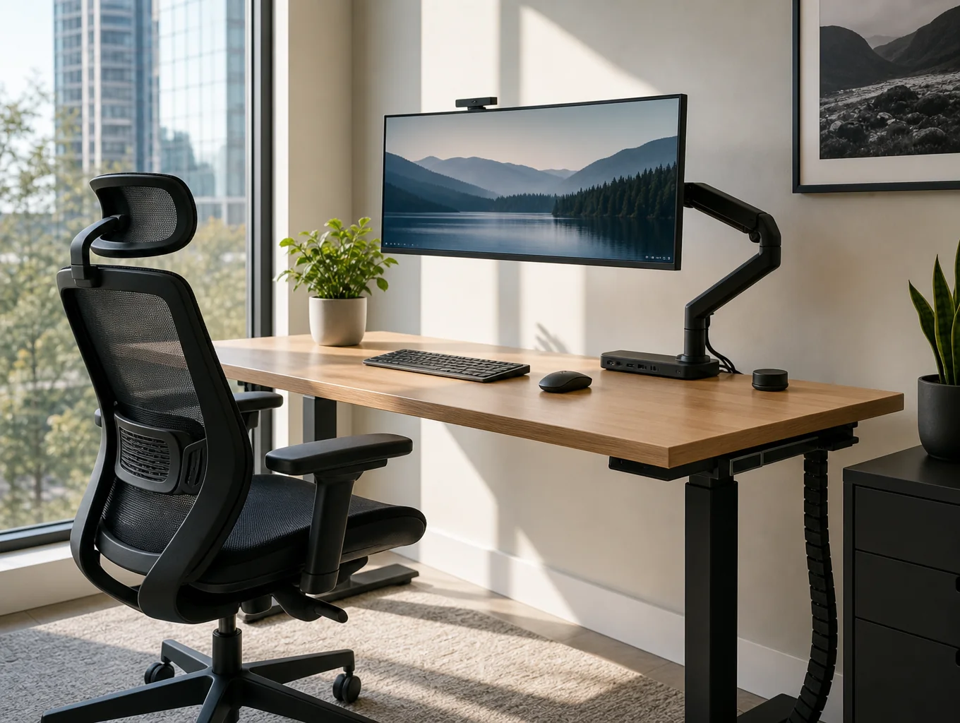 Ergonomic home workspace featuring adjustable desk, focused task lighting, and minimal distractions.